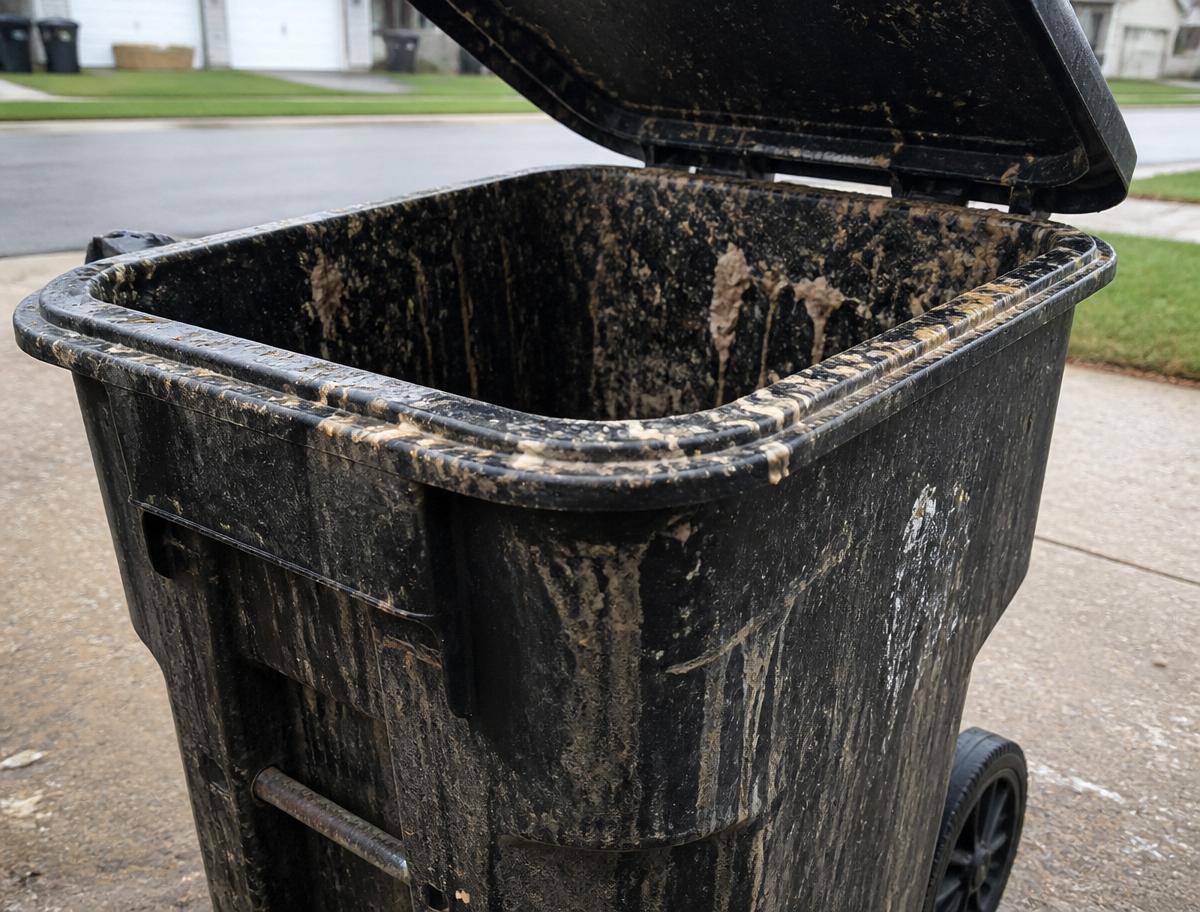 Dirty trash bin before cleaning