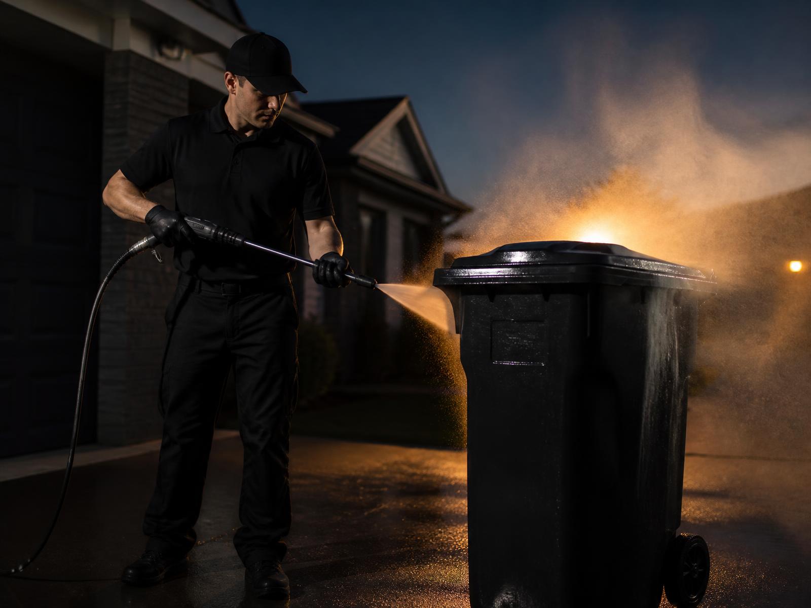 Bin Fresh technician pressure washing a residential trash can at a Harrisburg PA home